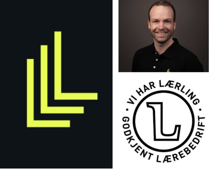 En bildecollage med logoen til Lag Entreprenør, en smilende mann og merket som bekrefter at Lag er godkjent lærlingbedrift