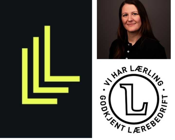 Bildecollage av logoen til Lag, en smilende dame med langt hår og merket som godkjent lærebedrift